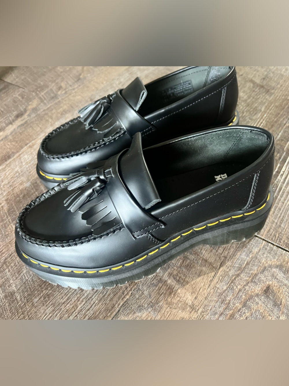 Dr. Martens Black Tassel Adrian platform Loafers with Yellow Stitching